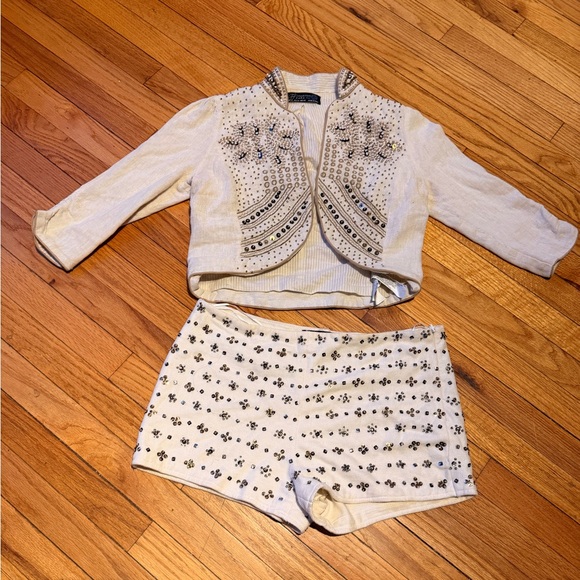 Zara Vintage Embellish Bead Matching Set Shorts & Jacket Cream linen coastal